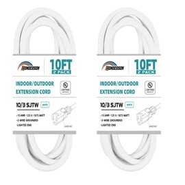 HONDERSON 2 Pack Indoor Outdoor Extension Cord Weatherproof with Lighted End, UL Listed, 10 Gauge 10FT White 3 Prong Heavy Duty Extension Cord, 10/3 SJTW 15A Power Extension Cord for Outdoor Lights