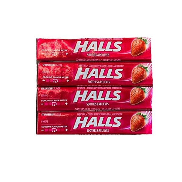 Halls Triple Action Soothing Drops | Strawberry Flavor Cough Drops | Menthol Cough Suppressant and Oral Anesthetic | 9 Drop Sleeves | Pack of 4 Sleeves