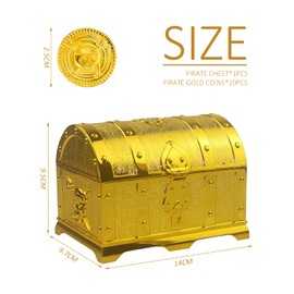 OAAO 1 Piece Gold Pirate Chest with 10 Pieces Gold Coins, Pirate Treasure Chest Caribbean, Kids Gift, Lockable Box, Suitable for Birthday Gifts and Christmas Gifts for Kids.