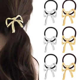 Auiremrti Metal Bow Hair Scrunchies, Pack of 6 Hair Accessories, Scrunchies with Bow, Hair Scrunchie Set in Silver and Gold, Elastic Hair Accessories for Women