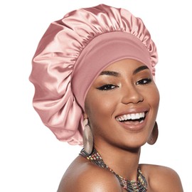 Adubor Silk Bonnet for Sleeping Women Men - Larger Double Layer Satin Bonnet for Sleeping - Non-Slip Silk Turban - Hair Bonnet for Sleeping - Sleep Cap for Curly Hair (Pink)