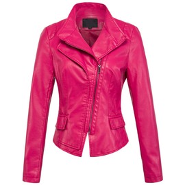 chouyatou Women's Stylish Oblique Zip Slim Faux Leather Biker Outerwear Jacket (Medium, Rose)