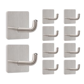 Livabber Adhesive Towel Hooks, 304 Stainless Steel Self Sticky Wall Hooks Waterproof Shower Hooks for Robe/Clothes, No Drilling Towel Hangers for Bathroom Kitchen Bedroom (Brushed Nickel, 10 Packs)