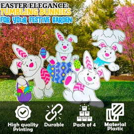 Fun Express 4 Pieces 20"x28" Large Tumbling Easter Bunny Yard Signs Decorations with Stakes - White - Weather Resistant Corrugated Plastic