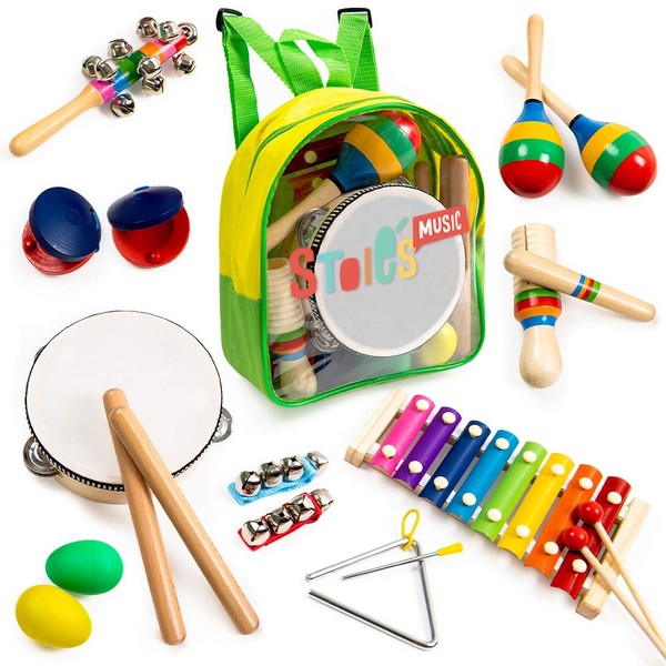 Stoie's 18 pcs Musical Instruments Set for Toddler and Preschool Kids Music Toy - Wooden Percussion Toys for Boys and Girls Includes Xylophone - Promotes Early Development and Educational Learning.