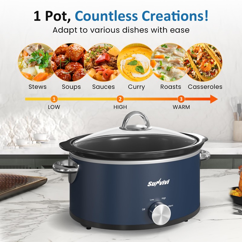 SUNVIVIPRO 3QT Slow Cooker, Small Crock with 3 Heating Settings