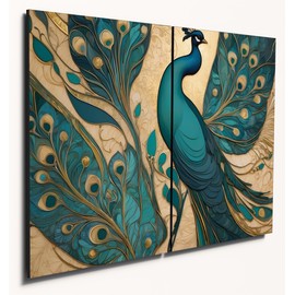 The Plum Penguin Art Nouveau Peacock Wall Art, A4 Dual Wood MDF Panels, Turquoise & Gold Decor Canvas Alternative 40 x 30cm