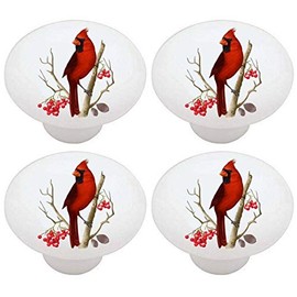 SET OF 4 CARDINAL BIRD KNOBS - Cardinal Birds - DECORATIVE Glossy CERAMIC Drawer PULL Dresser KNOB