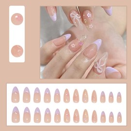 24 Pcs Spring Press on Nails Short Almond,LINMEIZAI Purple French Fake Nails Press ons Nail Tips Kit Glue on Nails Full Cover Acrylic False Nails with Bow Flowers Glitter Nail Art Design for Women