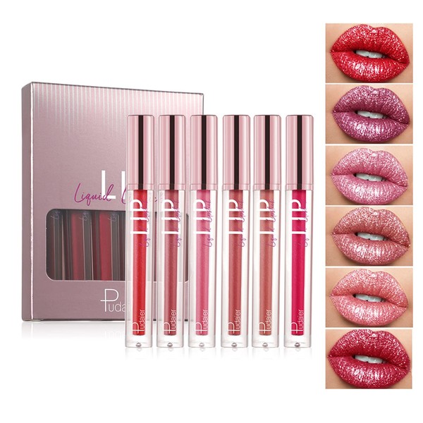 Joyeee Lip Gloss Metallic Diamond Lipstick, 6 Colours Red Purple Rose Pink Sparkly Glossy Waterproof Colourful Glitter Shimmer Liquid Lipstick Set, Vegan & Cruelty Free Nonstick Makeup
