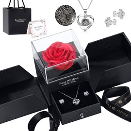 Preserved Red Real Rose with I Love You Necklace in 100 Languages, Eternal Flowers Rose Gifts for Mom Wife Girlfriend on Mothers Day Valentines Day Anniversary Christmas Birthday Gifts for Women