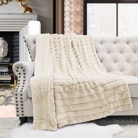 Home Soft Things Super Mink Faux Fur Throw, 60'' x 80", Bleached Sand, Luxurious Fluffy Cozy Elegant Throw with Sherpa Backing Fuzzy Throw for Couch Living Room Bedroom Home Décor