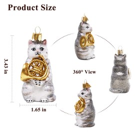 HZYC Cat Christmas Ornaments, Cat Ornaments for Christmas Tree, Christmas Decoration Collection of Cat Figurine,Glass Blown Hanging Ornaments, Ornament Gifts for Cat Lover (Cat Playing The Trumpet)