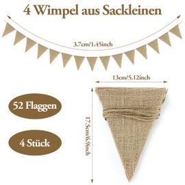 Pack of 4 Bunting Jute Bunting Garland Bunting Outdoor Weatherproof 52 Pieces Vintage Imitation Linen Bunting Garden Bunting Garland for Wedding Decoration Party Decoration Garden Decoration