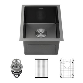 SINKVINE Black Wet Bar Sink Undermount 14 x 18 inch, PVD Nano Stainless Steel Kitchen Sink Single Bowl, RV Outdoor Prep Sink with Drain Strainer, Bottom Rise Grid, Roll-up Drying Unit, Black-Grey