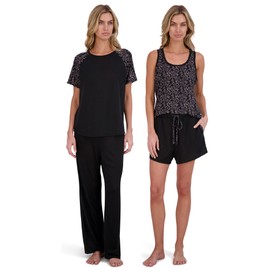 Lucky Brand Pajamas Set for Women 4-Piece Soft Sleepwear - Top, Tank, Shorts & Pants, Comfy Loungewear Pijama para Mujer, Large, Black Bandana