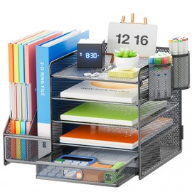 Marbrasse 5-Tier Paper Letter Tray Organizer with Drawer and Pen Holder, Mesh Desktop Organizer and Storage with Magazine Holder for Office Supplies (Grey)