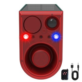 QXMH Solar Outdoor Motion Sensor Alarm Dog Barking & Shot Sound, 130 dB Motion Sensor Alarm Light with Remote Control, 13 Types of Sound Red & Blue Strobe Light with USB