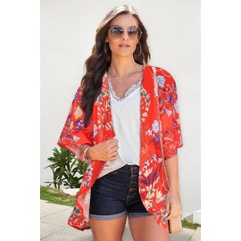 Summer Kimono Cardigan for Women Sheer Boho Tops Casual Open Front Swimwear Shirts Beach Cover ups (Boho Red,XL)