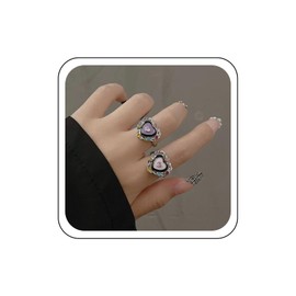 Wendalern Crystal Heart Band Rings Diamond CZ Heart Enamel Rings Colorful Rhinestone Open Ajustable Heart Finger Rings Gothic 2Pcs Stacklable Thumb Index Knuckle Rings Set Jewelry for Women and Girls