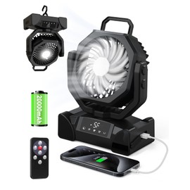 Issufel 20000mAh Portable Camping Fan Rechargeable with LED Lantern,Auto Oscillating,5-Speeds,Remote Control,Night Mode&Timer for Tents RV Emergency Garage,Travel Fan
