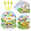 Inisajace School Bus Birthday Party Decorations - 96PCS Back to School Paper Plates and Napkins Tableware Decoration Wheels on the Bus Forks Bday Decor Classroom Theme Supplies, Serve 24
