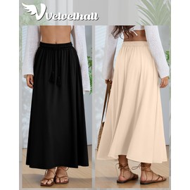 Velvelhall 3 Pack Women's Maxi Long Skirts, Ankle Length a Line Elastic High Waist Flowy Boho Casual Skirt with Pockets(Black, Light Gray, Beige,Medium)