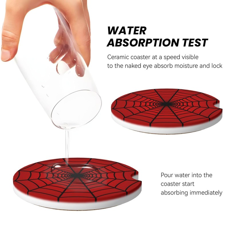 2-Pack Absorbent Car Coasters Red Spider Web - Ceramic &