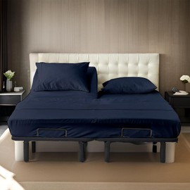 Split Head Flex Queen Sheets for Adjustable Beds,Queen Sheets for Sleep Number Bed 100% Egyptian Cotton - 4Pcs Sheet Set -28" Top Split fit Upto 16" Deep Mattress (Navy Blue Solid)