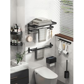 Towel Racks for Bathroom 24 inch, Matte Black Towel Rack Wall Mounted with Double Shelf, Bathroom Towel Shelf with Towel Bar, Rustproof Wall Towel Rack with Hooks, Adhesive Bath Towel Holder