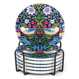 ubcindy William Morris Flower Coasters Set of 6 for Drinks,Round Absorbent Ceramic Stone Coaster with Metal Holder,Morris Strawberry Thief Floral Coasters with Cork Base for Coffee Party Decor Gifts