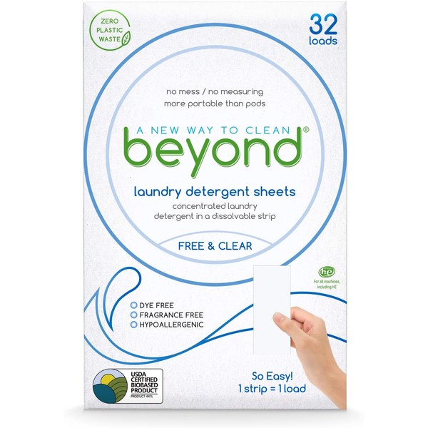 Beyond FREE & CLEAR Eco-friendly Laundry Detergent Sheets. 100% plastic free. (1 Pack of 32)