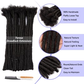 Teresa Medium 0.8cm and Small 0.4cm Width 18 Inch 40 Strands 100% Human Hair Dreadlock Extensions for Men/Women/Kids Permanent Dread Locs Extensions Human Hair (0.8cm Thickness,Natural Black)