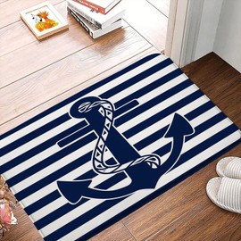 CCXTCZ Nautical Anchor Bath Mat Blue Anchor Navy Blue White Stripes Nautical Theme Ocean Lovers Modern Fabric Bathroom Microfiber Memory Foam Absorbent Rug Bathroom Decor Rug,17.8x29.5 Inch