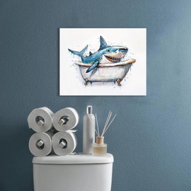 Funny Shark Bathroom Decor Wall Art Shark Room Pictures Canvas Wall Decor Abstract Print Painting Artwork Home Decorations for Bathroom Bedroom Living Room Office Framed 12x16 inch