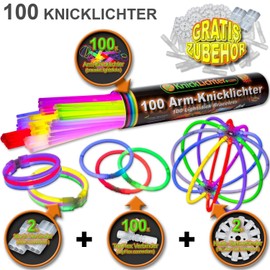 NEON FUN 100 Arm Glow Sticks | 8 Colours Mix | Test Rating 1.4 Very Good | 8h | 100 TopFlex Connectors | 2 Triple Connectors | 2 Circle Connectors, Quantity: 1 Roll