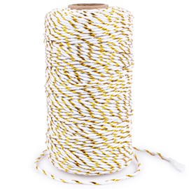 G2PLUS White Gold String - 2MM 328ft Bakers Twine for Gift Wrapping, White Cotton and Gold String DIY Crafts, Wedding, Christmas Party Decor