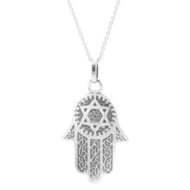Silverly Women's 925 Sterling Silver Hamsa Fatima Hand Star Protection Pendant Chain Necklace, 46cm
