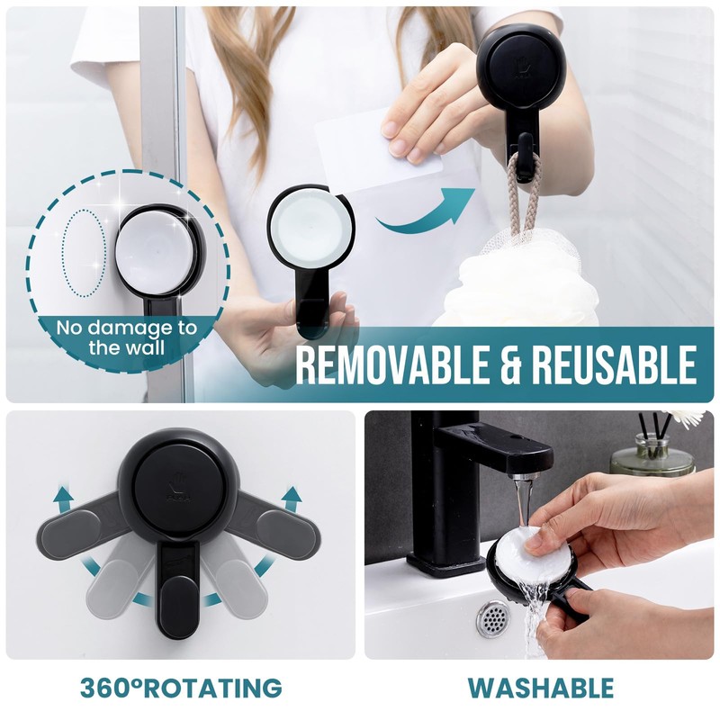 TAILI 4 Pack 360° Rotatable Powerful Suction Cup Shower Hooks