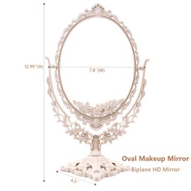 schonee Espejo de maquillaje de mesa retro de doble cara, espejo de soporte giratorio ovalado, rotación de 360 grados, espejo de maquillaje clásico de dos caras (espejo de doble cara, nano blanco)
