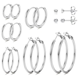 Dochais 6 Pairs Silver Hoops Earrings for Women 14K Gold Plated Earrings Studs Tiny Hoop Earrings Silver Hoop Earrings Small Hypoallergenic Cubic Zirconia Ball Earrings Hoop Earrings Big for Women Men