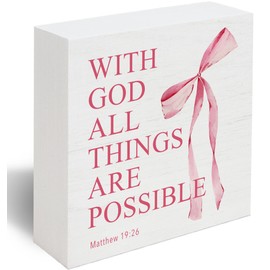 Coquette Pink Bow Room Bedroom Bathroom Decor for Teen Girls Gifts, Inspirational Bible Verses Bow Decor, Matthew 19 26 Sign Religious Gifts Women -D18