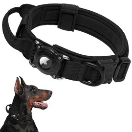 Collar de perro AirTag 2026 nuevo y mejorado, collar de perro táctico militar con soporte AirTag integrado, mango de control ajustable, hebilla de metal duradera, cómodos collares de perro GPS (negro