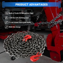OXMART G80 Log Chains with Hooks 3/8 20 Foot, Transport Binder Chains with Clevis Grab Hooks Heavy Duty 7,100 lbs Safe Working Load, Tow Chain for Trailer, Lifting, Towing, Hitch, Car, Truck, Boat
