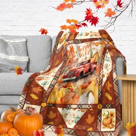Fall Throw Blanket Autumn Pumpkin Blanket Thanksgiving Decor Red Truck and Pumpkin Prints Flannel Throw Blankets Orange Fleece Flannel Throws Cozy Plush Fall Decor for Kids Adults Couch Sofa 40"x60"