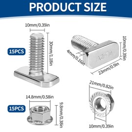 Hammer Head Screws M10 x 30 mm, Pack of 15 T Screws 304 Stainless Steel A2-70 with Flange Nuts Greenhouse Screws for PV Solar Mounting Rails Greenhouse Photovoltaic