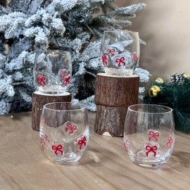 FoldTier 4 Pcs Christmas Icon Glasses Cups Aesthetic Bow Cocktail Glass 15 oz Funny Holiday Juice Icon Coquette Cups Stemless Drinkware Gift for Women Sister Friend Party Xmas Gatherings Celebrations