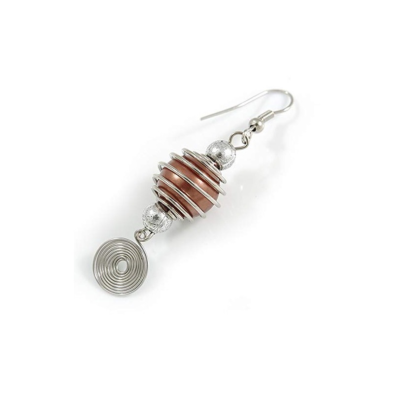 Brown Glass Bead with Wire Element Drop Earrings In Silver