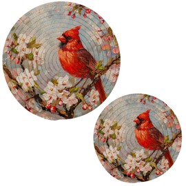 Peystean Kitchen Set of 2 Potholders Trivets, Beautiful Cardinal in Cherry Flower Branch Woven Hot Pot Coasters Placemats for Cooking Baking Hot Dish Pan Pot Bowl Teapot(7&9 Inches Diameter)