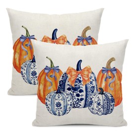 Yxuiyal Fall Decor Pillow Covers 18x18 Pack of 2 Orange Blue Pumpkin Throw Pillow Covers Outdoor Decoration,Autumn Holiday Pumpkin Pillowcase Farmhouse Linen Decorative Cushion Case for Sofa Couch